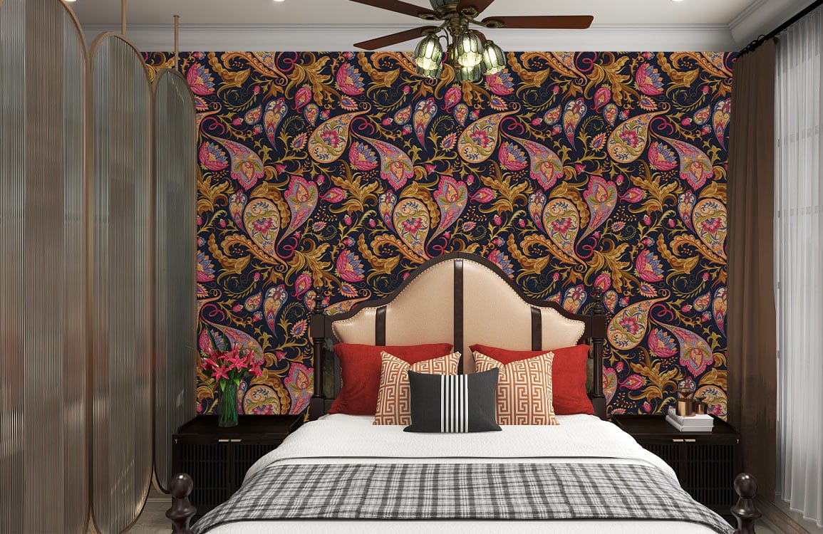 Elegant Paisley Charm wallpaper in bedroom with vintage bed, dark flooring, and stylish curtains.