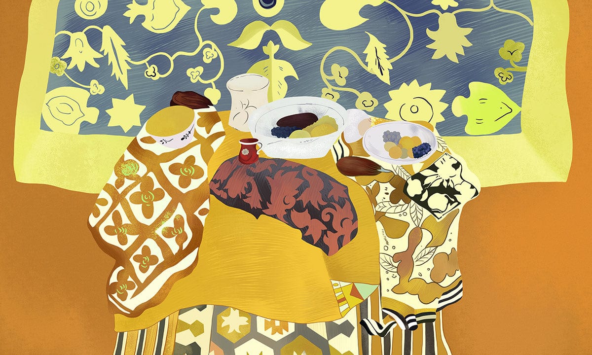 Contemporary abstract mural wallpaper with bold patterns in yellow, blue, brown; diverse tablecloth designs.
