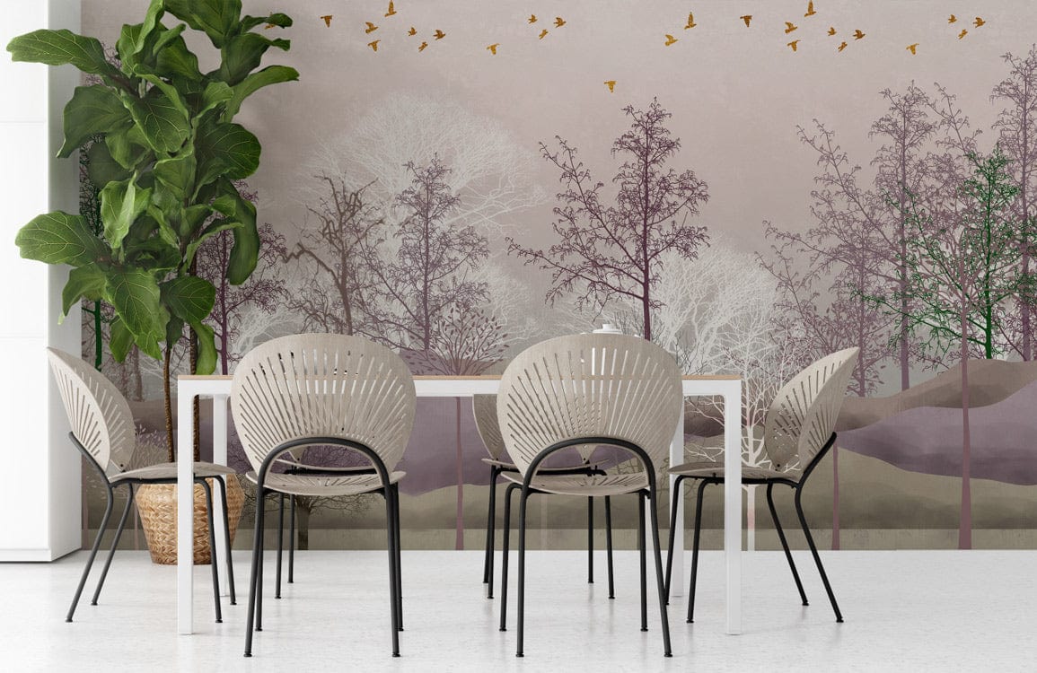 Dining room with Tranquil Woodland Dreams mural wallpaper, modern chairs, indoor plant, white flooring.