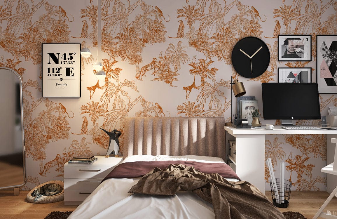 Bedroom with Vintage Jungle Scene Wallpaper, rustic orange tropical safari pattern, brown bed frame.