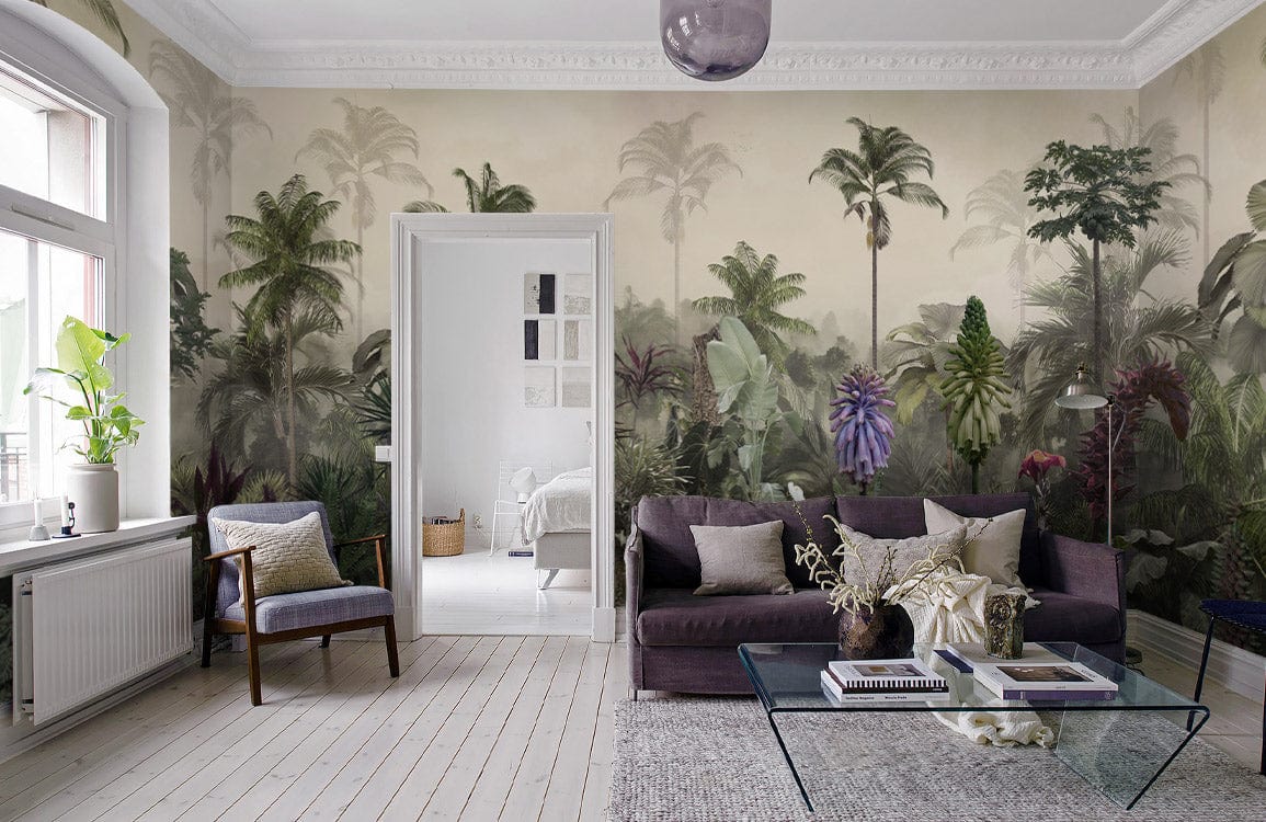 Exotic Tropical Jungle Mural Wallpaper in living room with grey sofa, glass coffee table, wooden flooring.