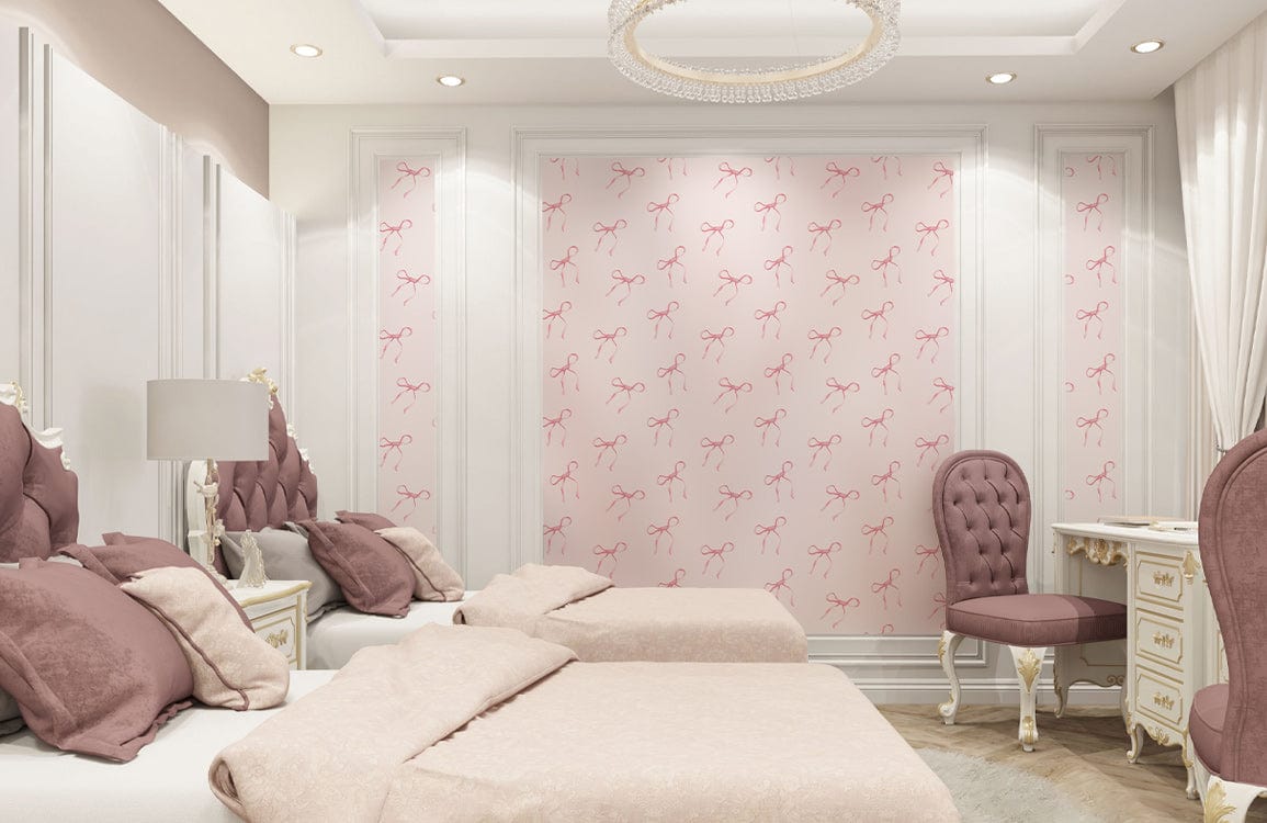 Charming pink bow wallpaper in elegant bedroom with cream furniture, cosy twin beds, and vintage decor.