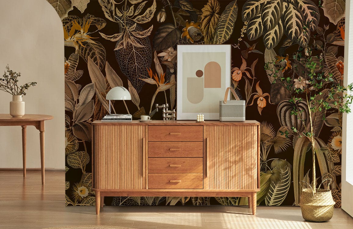 Vintage Botanical Dark Floral Pattern Wallpaper in living room, wood sideboard, light wood flooring.