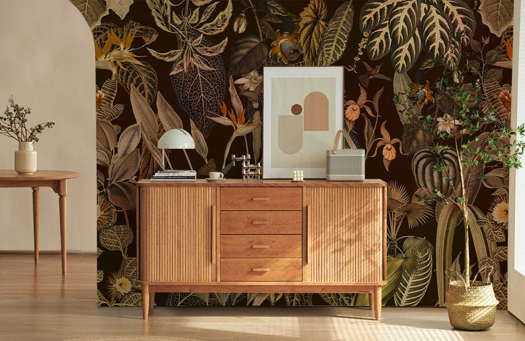 Vintage Botanical Dark Floral Pattern Wallpaper in living room, wood sideboard, light wood flooring.