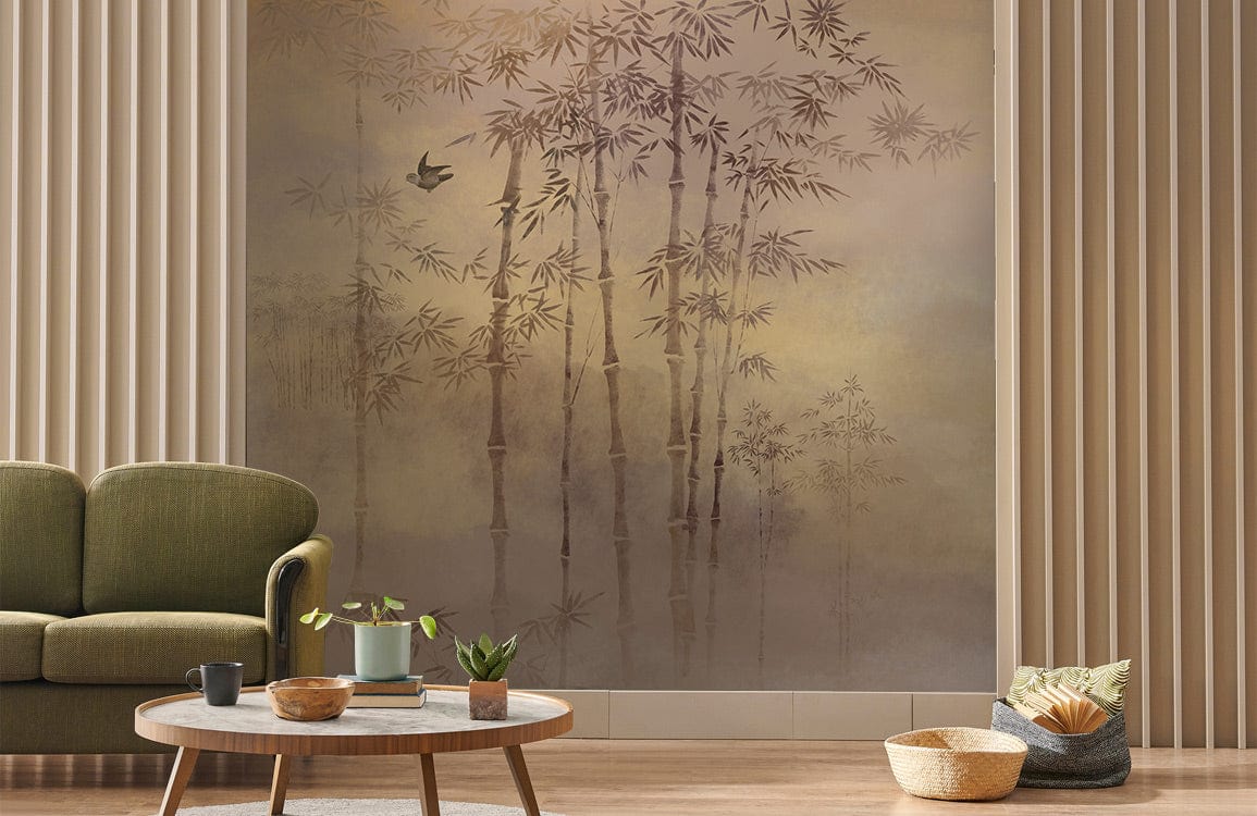 Elegant Bamboo and Birds mural wallpaper, neutral tones, green sofa, wooden flooring, serene living room.