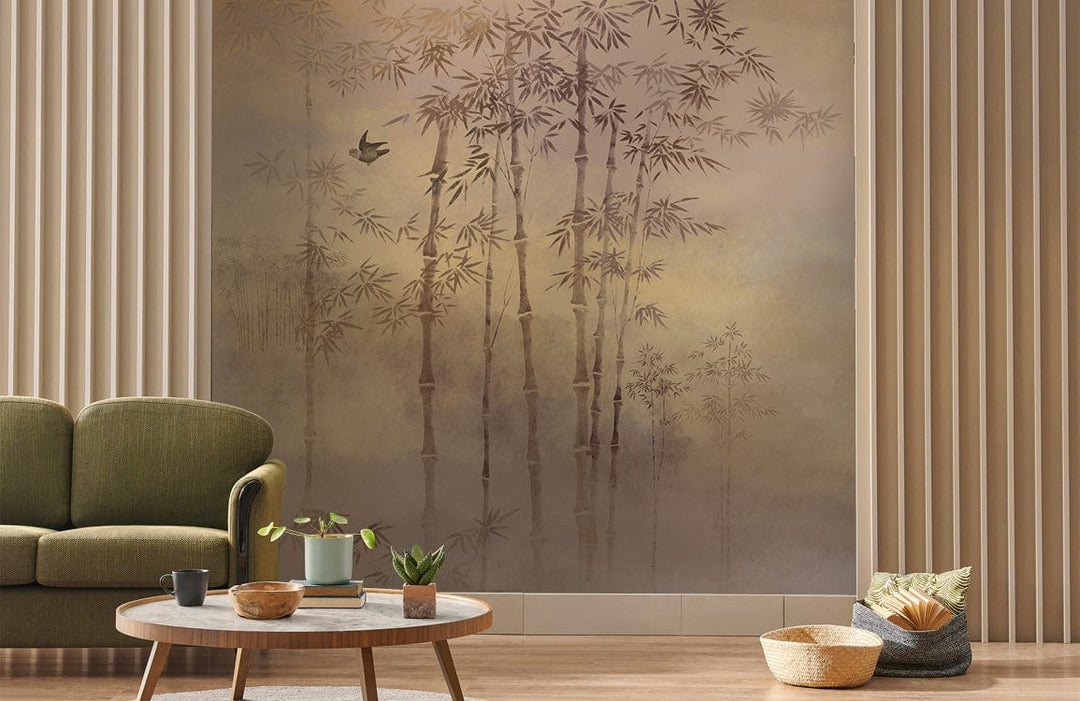 Elegant Bamboo and Birds mural wallpaper, neutral tones, green sofa, wooden flooring, serene living room.