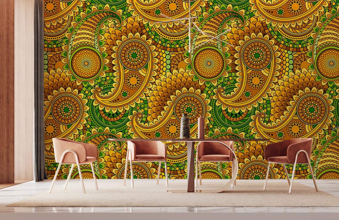 Vibrant green and gold paisley wallpaper in boho style dining room with modern chairs and table.