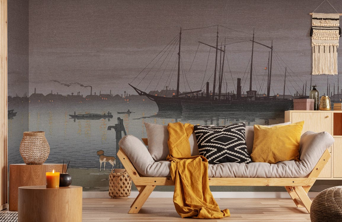 Tranquil Seaside Vintage Mural with ship, dog scene, wooden sofa, yellow cushions, cosy living room.
