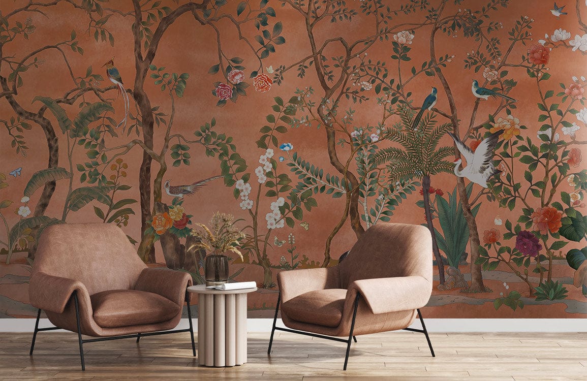 Chinoiserie Coral Garden Mural Wallpaper with Exotic Floral Bird Design, brown chairs, wooden flooring.