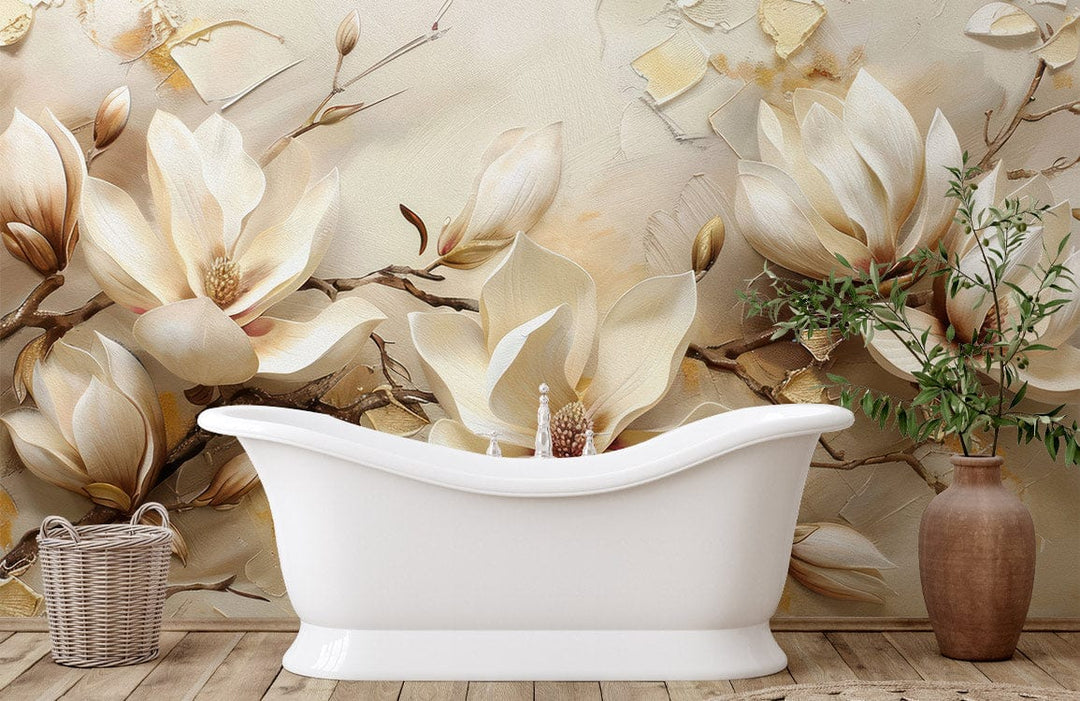 Elegant Magnolia Blossom Mural Wallpaper in bathroom with white bathtub, beige wooden flooring, wicker basket.