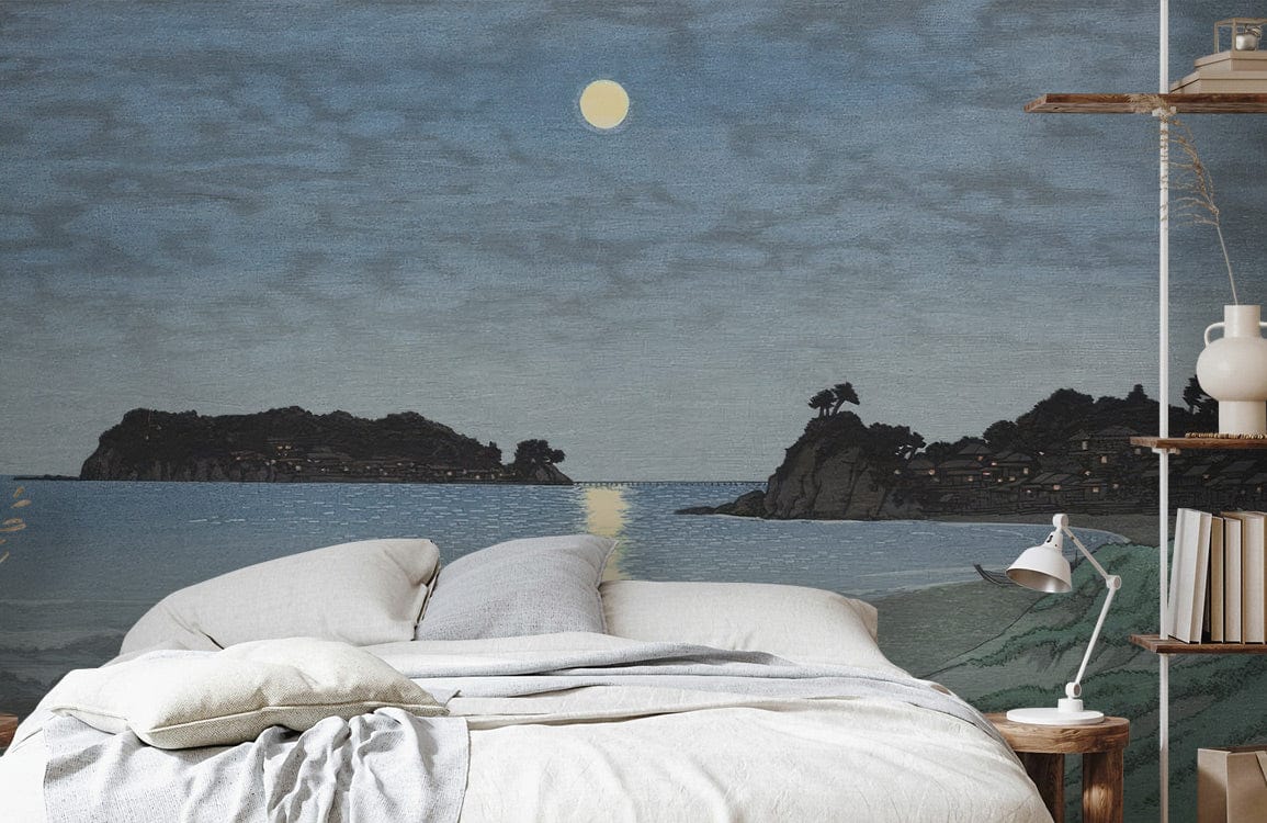 Mystical Moonlit Seascape Mural Wallpaper in bedroom with grey bed, wooden shelves, and serene ambiance.