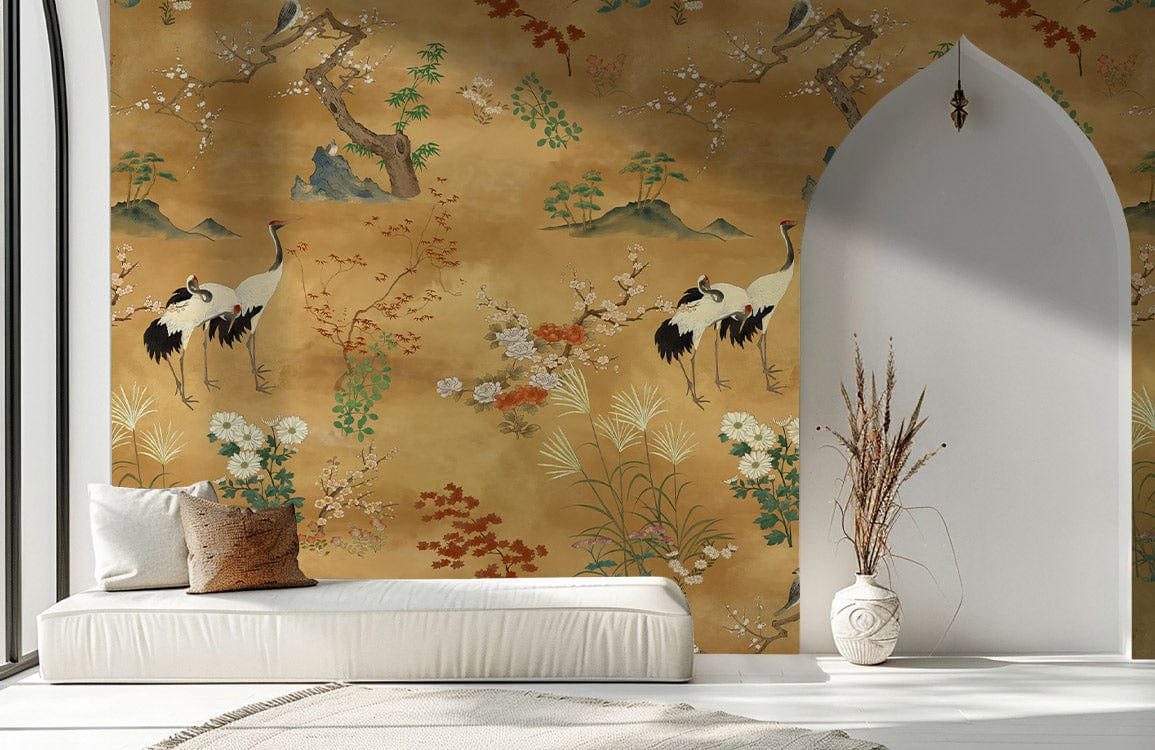 Elegant vintage mural wallpaper in warm tones, earthy crane floral design, arched alcove, white sofa.