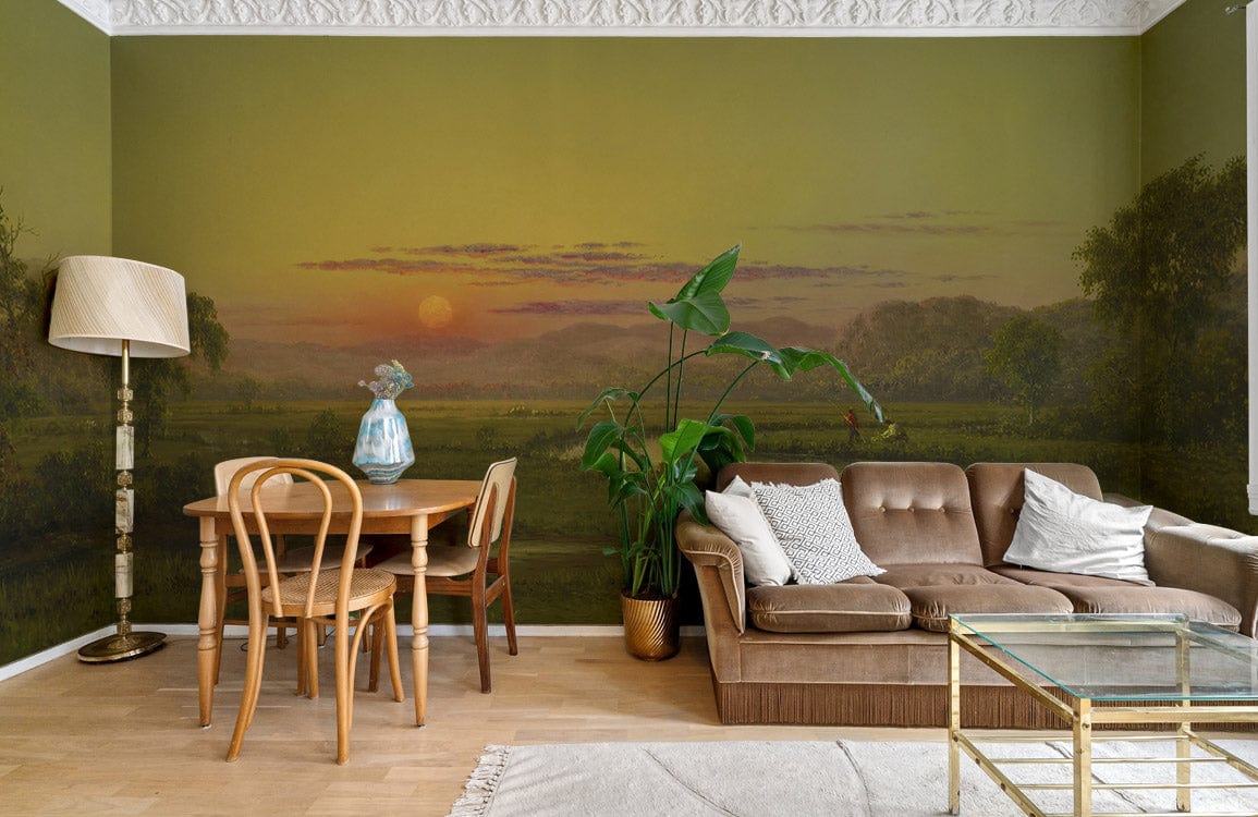 Sunset Serenity Mural Wallpaper in earthy living room with brown sofa, wooden dining table, plant.