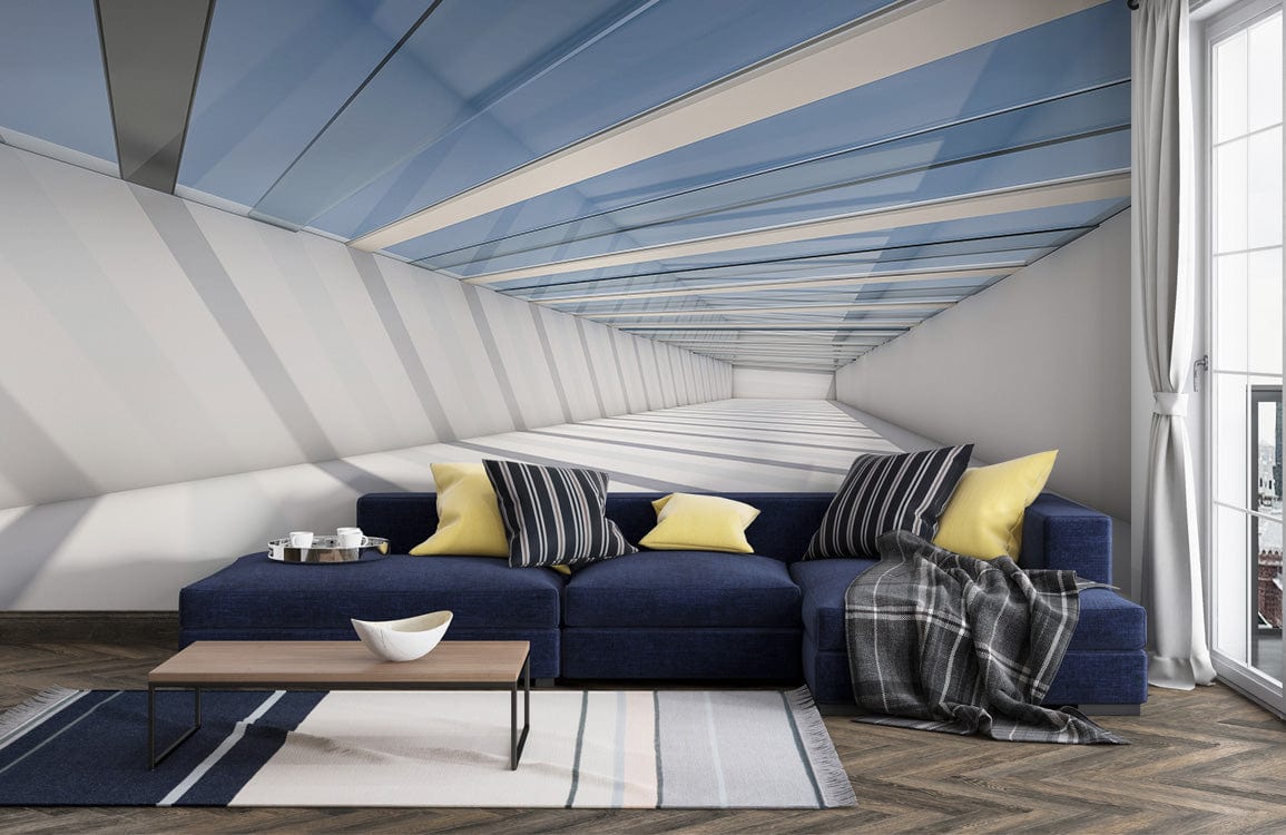 Modern blue and white tunnel mural in living room with navy sofa, wooden flooring, striped rug.