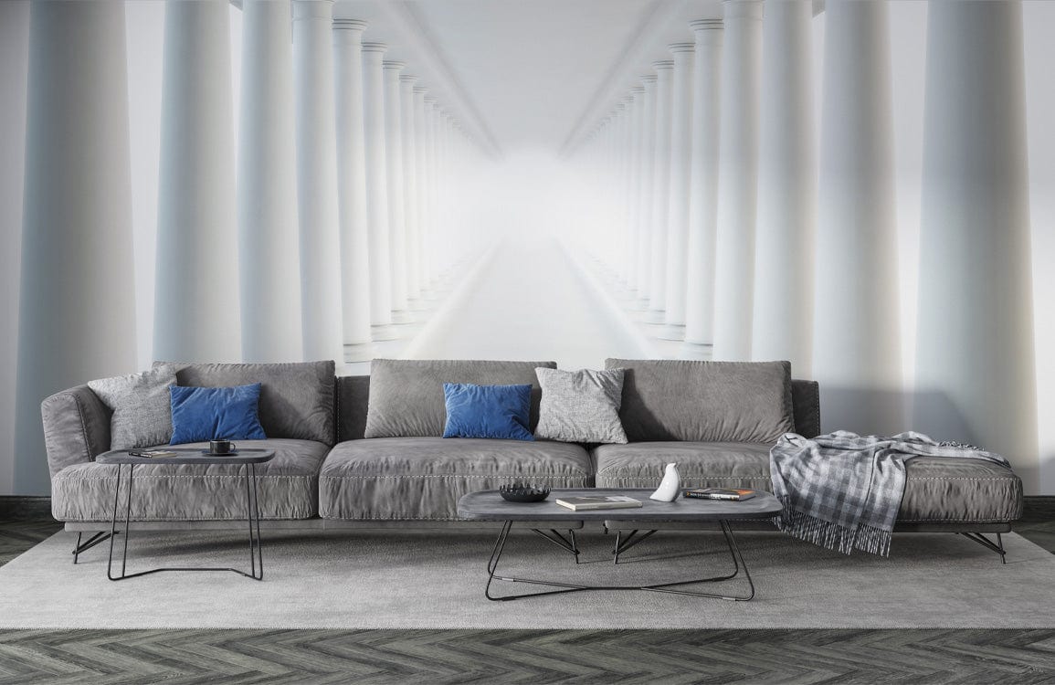 Elegant white pillars mural wallpaper, grey modern sofa, blue cushions, grey carpet, stylish living room.