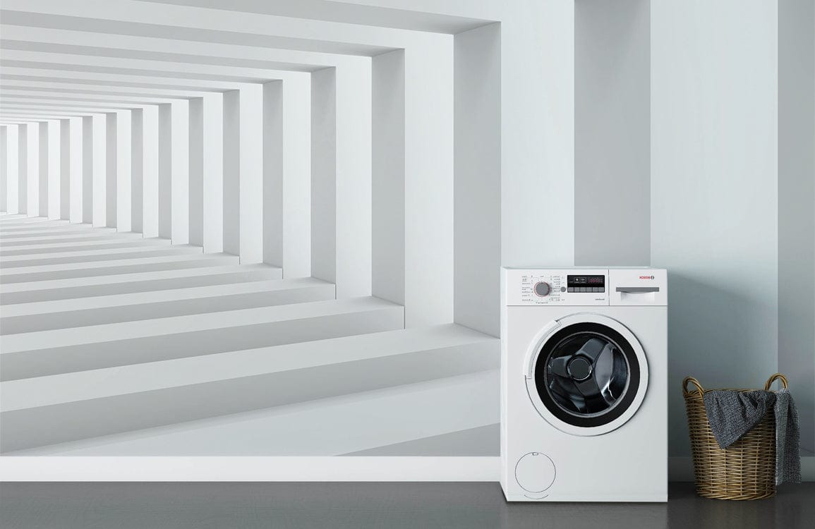 Modern 3D geometric mural wallpaper, laundry room with minimalist washing machine, grey flooring, woven basket.