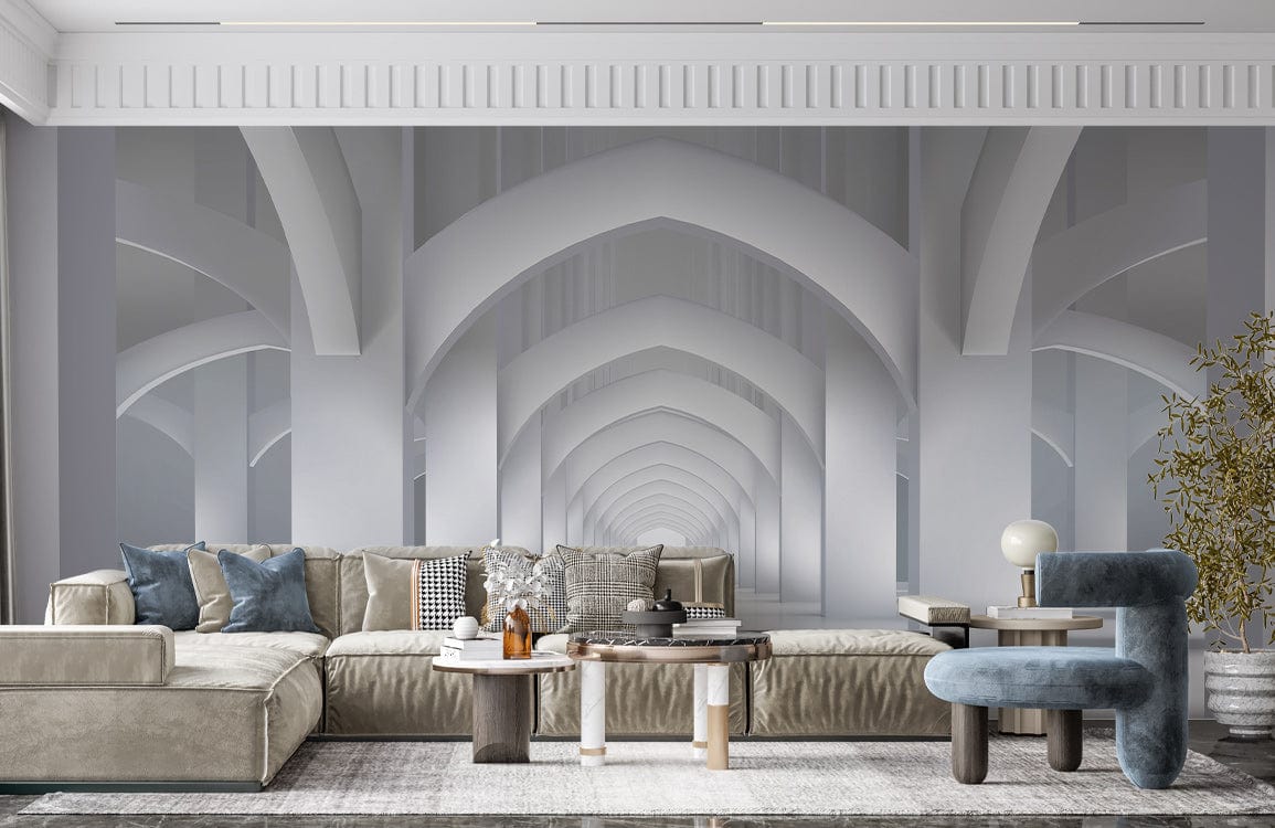 Elegant minimalist white archway mural wallpaper in modern living room with beige sofa, blue chair.