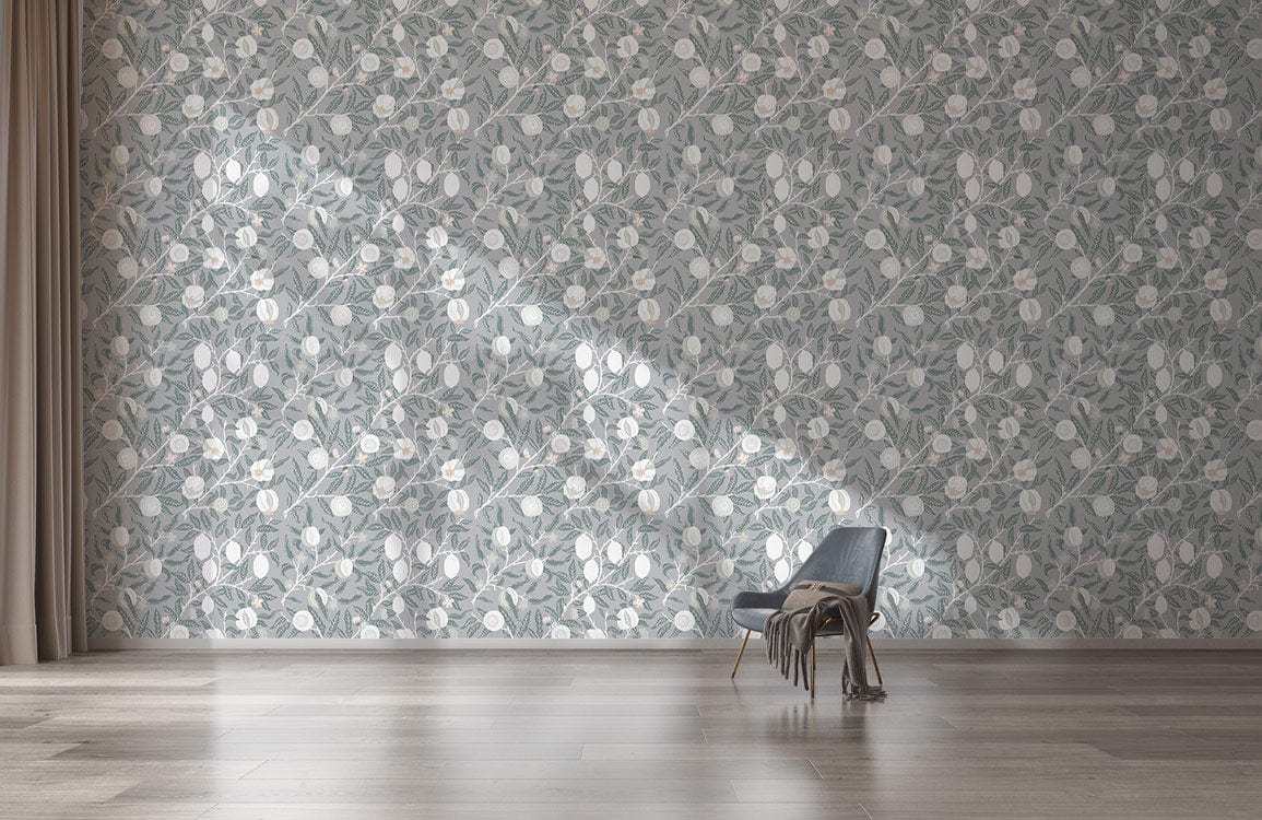 Soft Grey Floral Elegance wallpaper in living room with modern chair, wooden flooring, and neutral curtains.