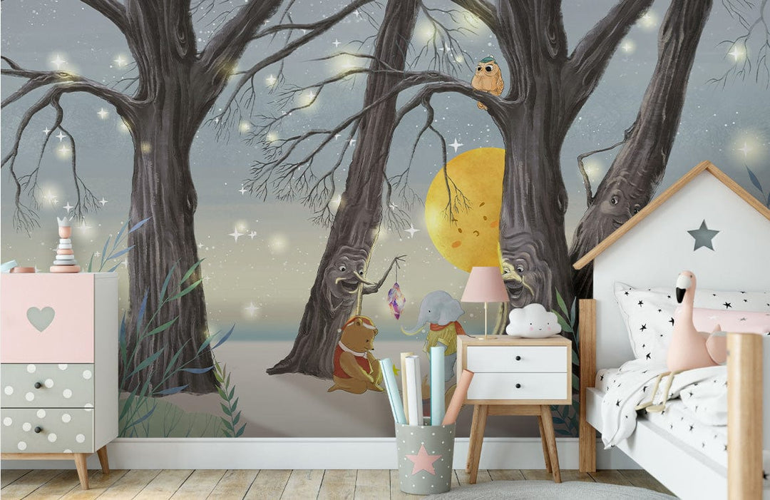 Magical woodland creatures mural wallpaper in watercolour style, children's bedroom, wooden flooring, whimsical decor.