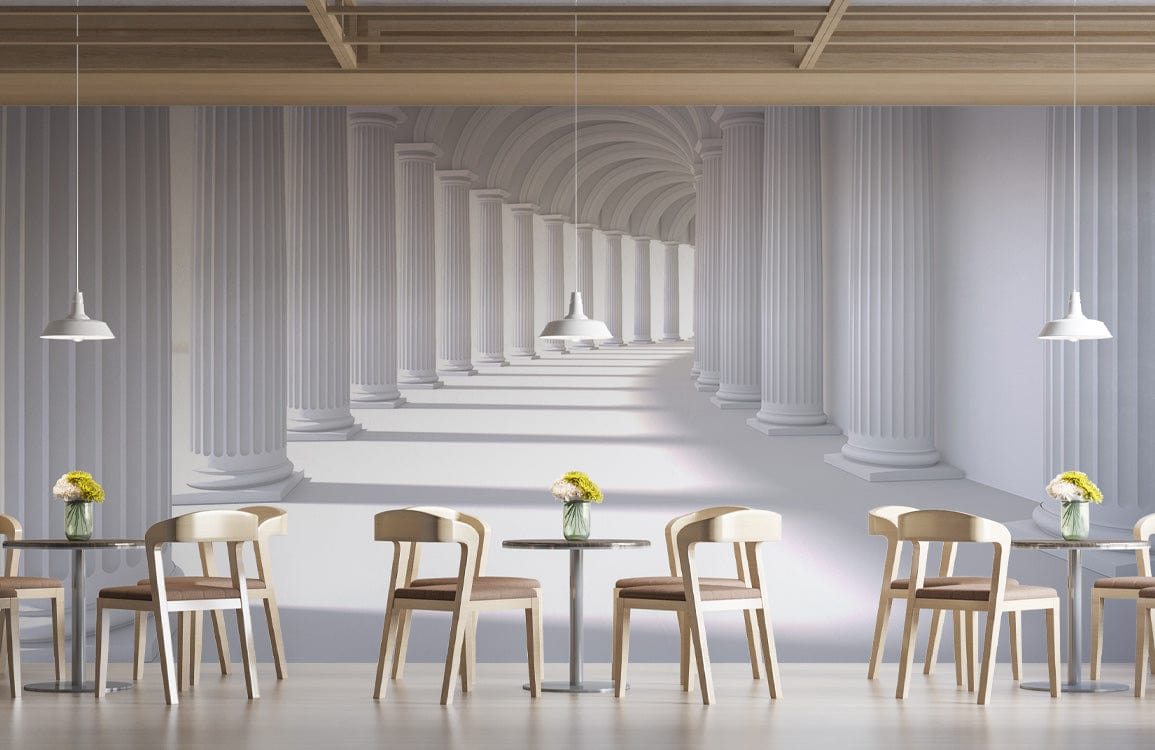 Classic White Archway Columns Wallpaper in cafe with wooden chairs, tables, pendant lighting, grey flooring.