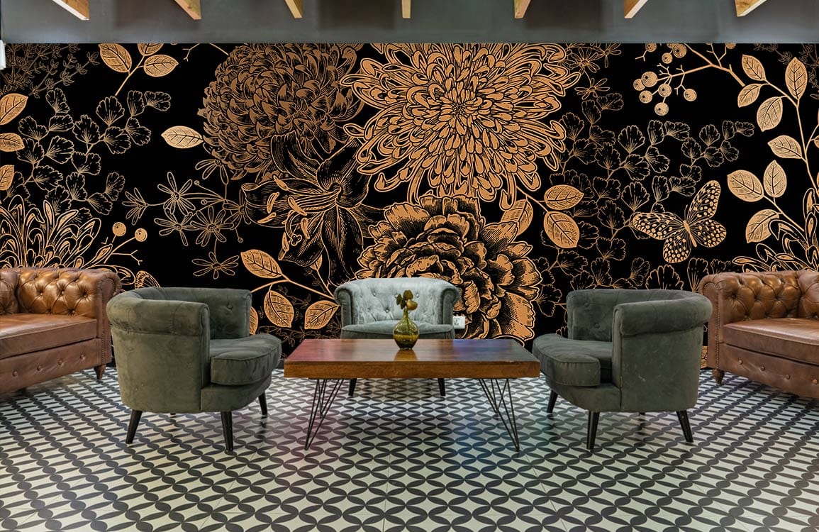 Golden Elegance Floral Harmony Mural Wallpaper