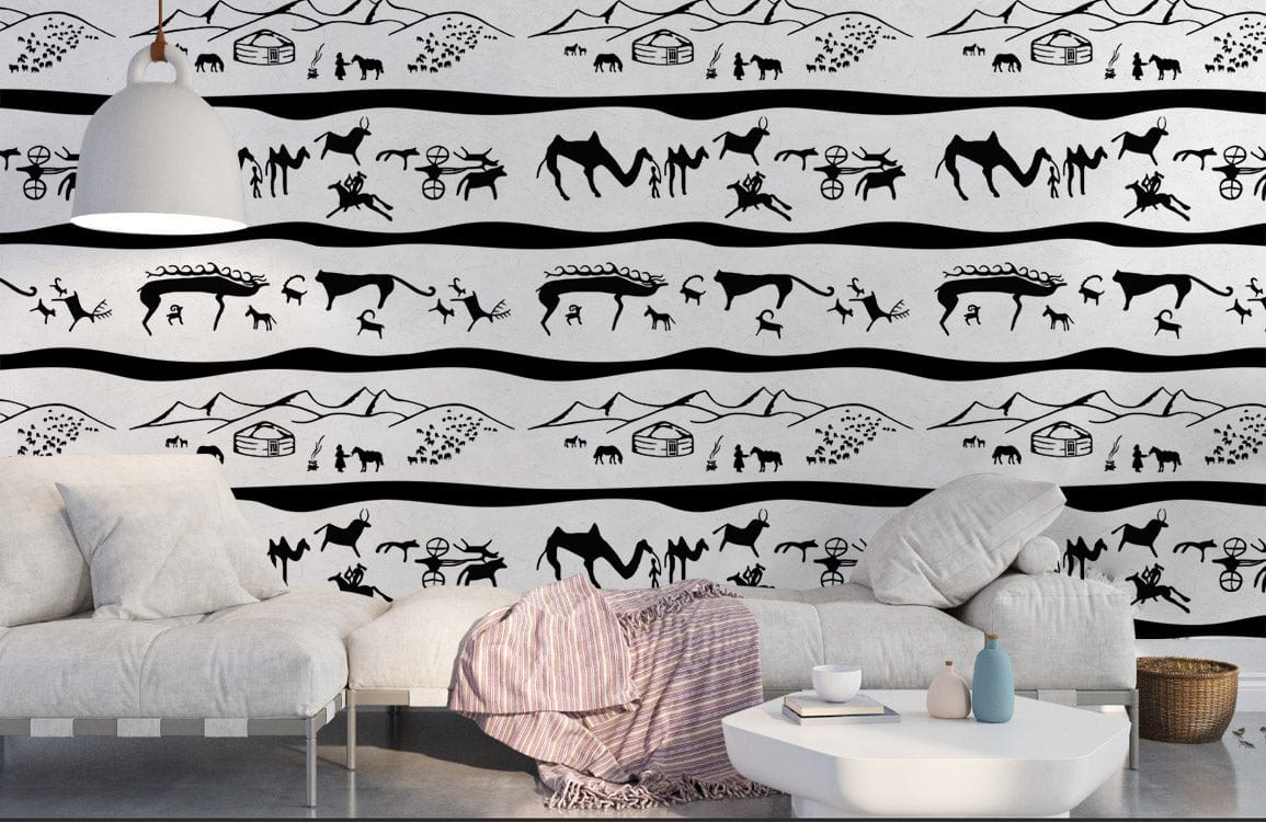 Black and White Tribal Animal Print Wallpaper in lounge with neutral sofa, industrial flooring, pendant light.