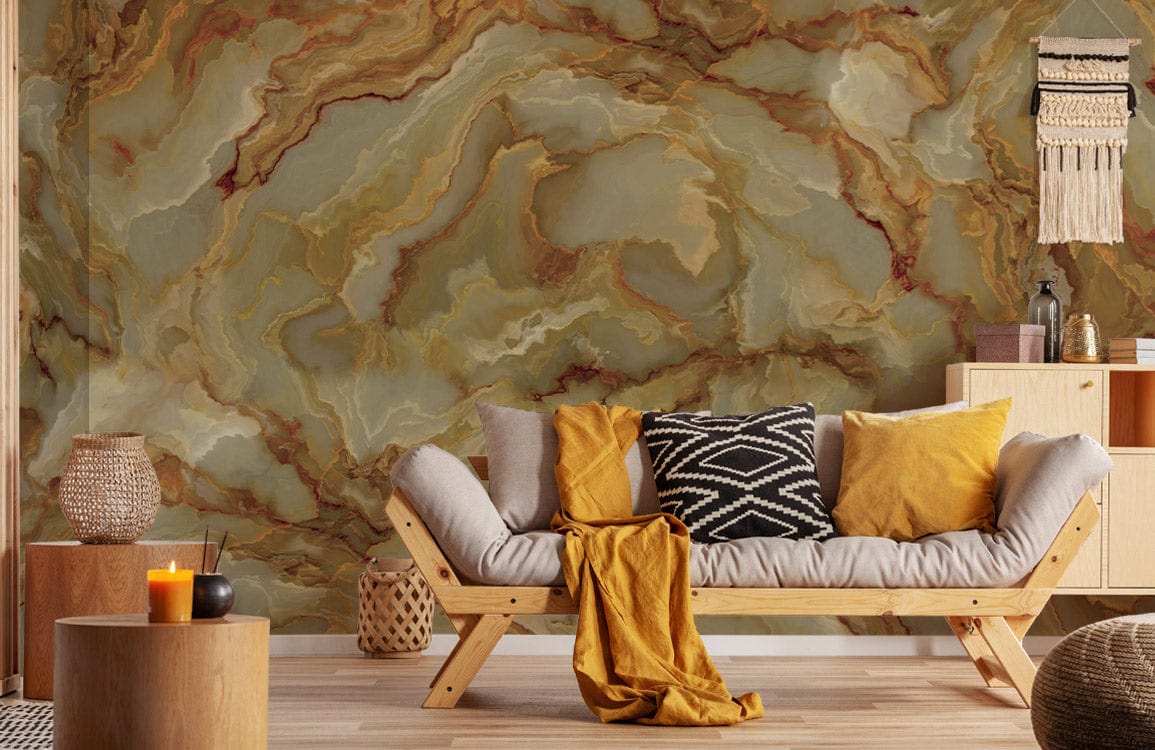 Golden marble effect wallpaper with elegant sofa, warm-toned cushions, and wooden furniture in stylish lounge.