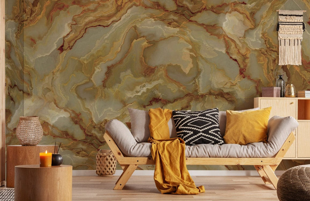 Golden marble effect wallpaper with elegant sofa, warm-toned cushions, and wooden furniture in stylish lounge.