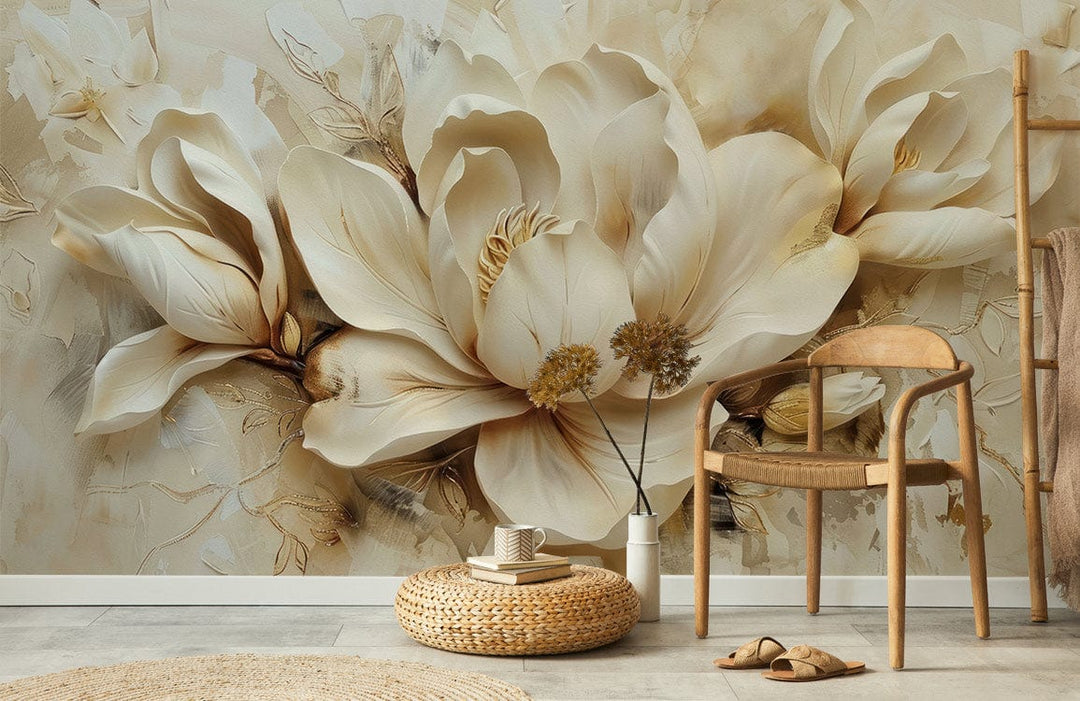 Elegant Cream Magnolia Floral Mural Wallpaper with luxury decor, wooden chair, light flooring in living room.
