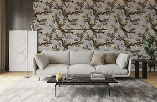 Flowers & Birds on Gray Wallpaper Mural