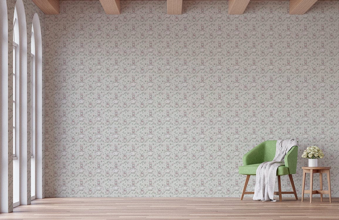 Vintage pastel floral wallpaper, green armchair, wooden flooring, arched windows, neutral wall design, elegant room.
