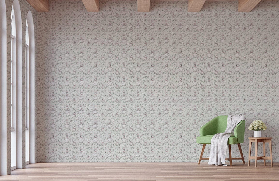 Vintage pastel floral wallpaper, green armchair, wooden flooring, arched windows, neutral wall design, elegant room.