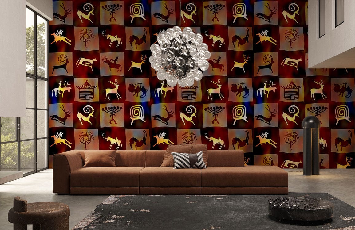 Rustic tribal animal wallpaper featuring earthy tones, brown sofa, modern lighting, and concrete flooring.