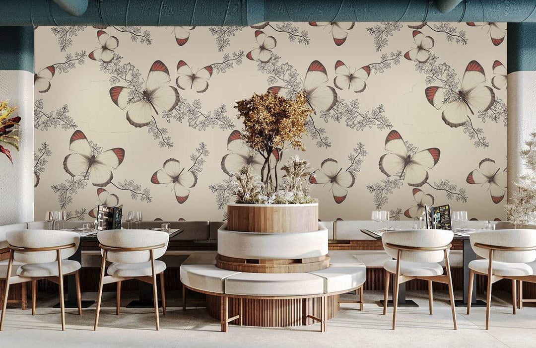 Vintage Botanical Butterfly Wallpaper in dining room with cream chairs, modern tables, and light flooring.