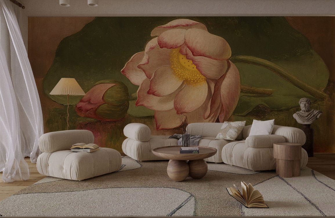 Vintage Lotus Blossom Mural Wallpaper in living room with cream sofas, wooden flooring, contemporary decor.