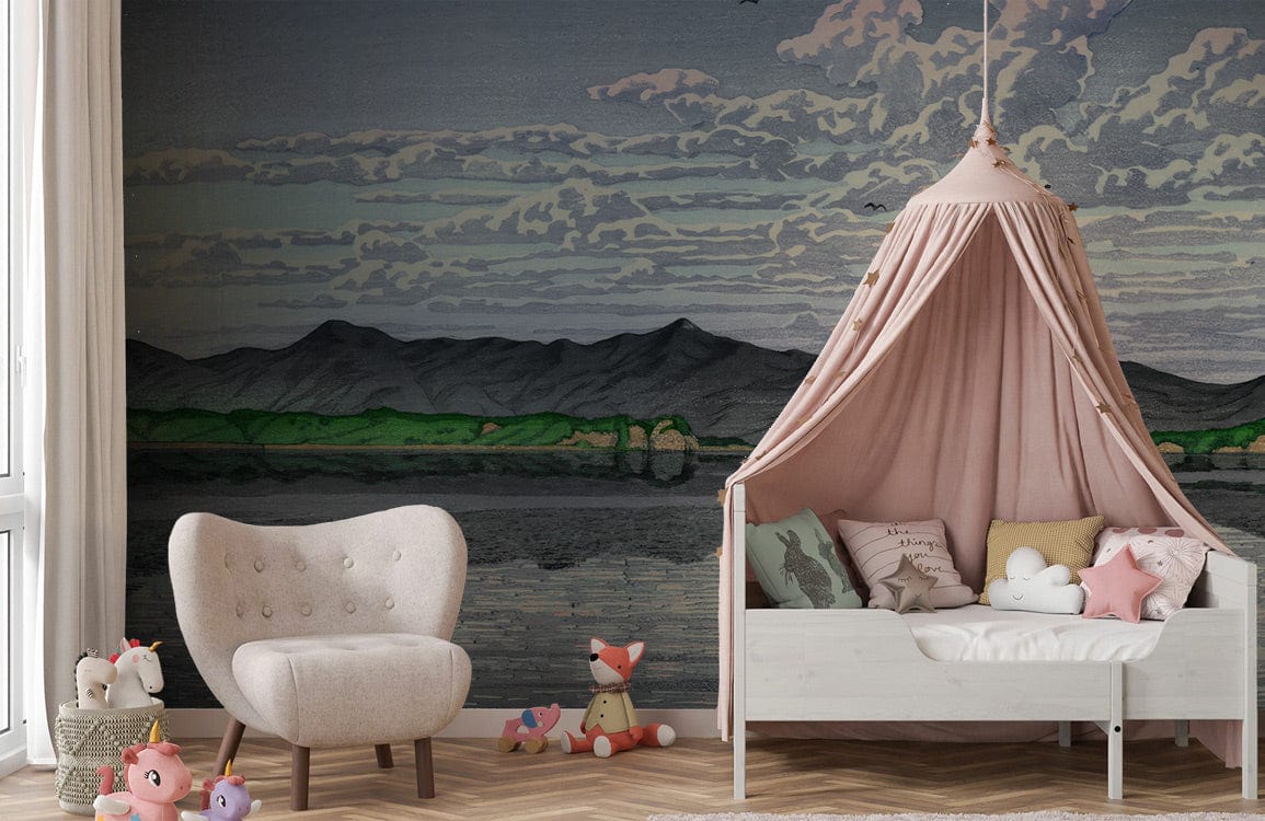 Tranquil Mountain Landscape Wallpaper in child's room; pink canopy bed, cream chair, herringbone floor.