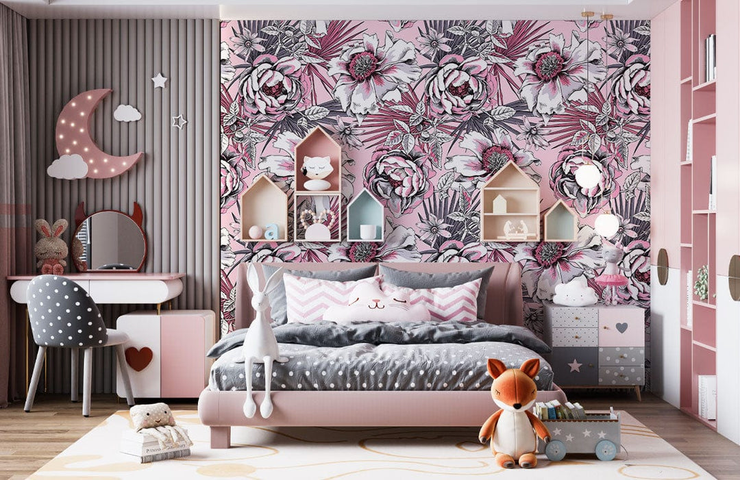 Elegant pink floral wallpaper in chic children's bedroom with grey bed, dot chair, and decorative lighting.