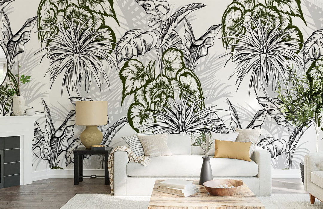 Tropical green jungle wallpaper in monochrome elegance design, complementing modern sofa and wooden flooring.