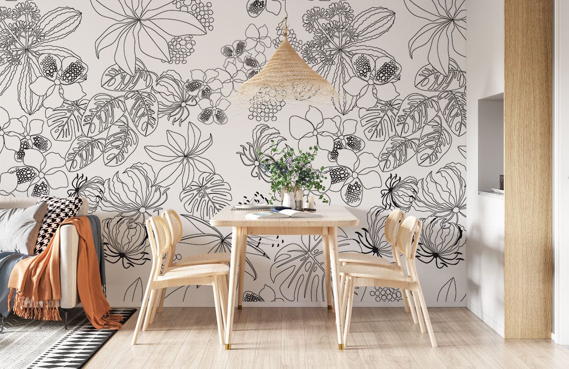 Sketch Flowers & Leaves Wallpaper Mural