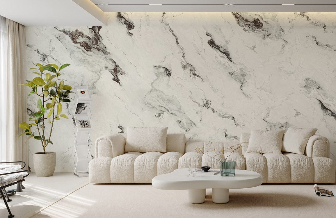 Marble-inspired wallpaper complementing beige sofa, cream flooring, and modern decor in elegant living room.