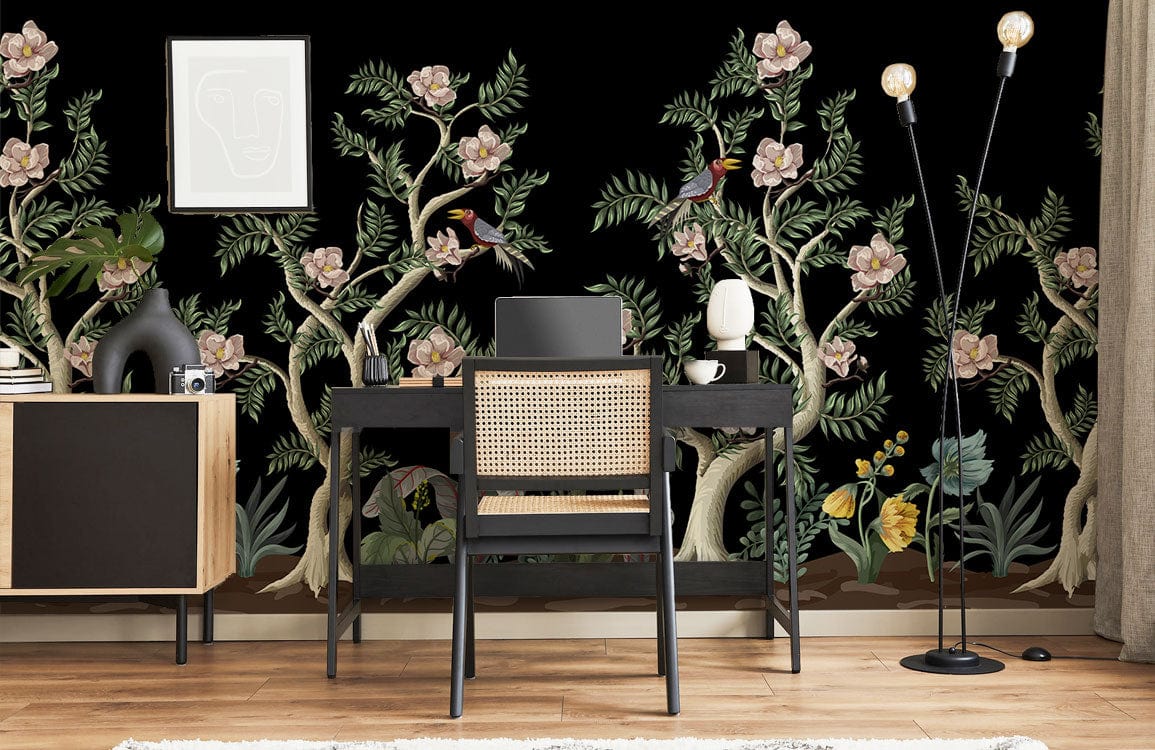Elegant black garden mural wallpaper featuring birds, flowers, desk, chair, floor lamp, and wooden flooring.