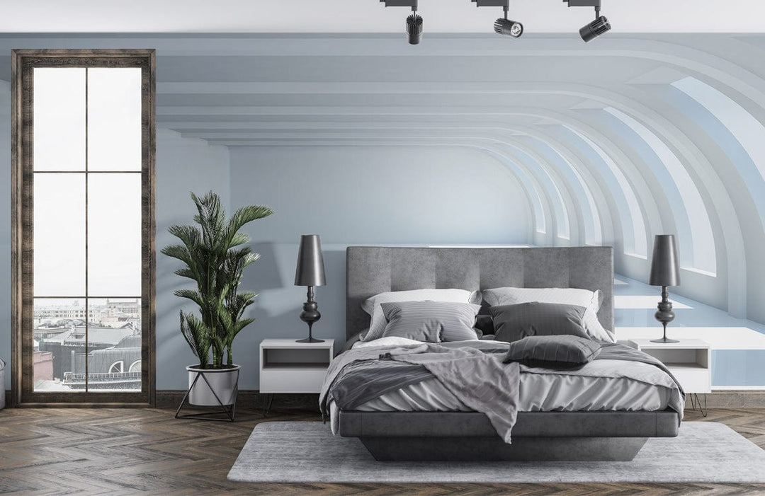 Modern minimalist white arched mural wallpaper in grey bedroom with wood flooring, stylish bed, and lamps.