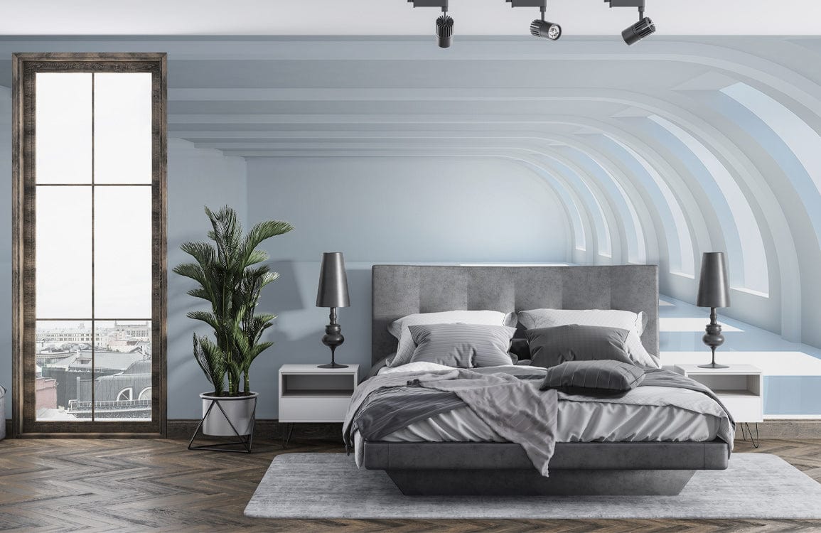 Modern minimalist white arched mural wallpaper in grey bedroom with wood flooring, stylish bed, and lamps.