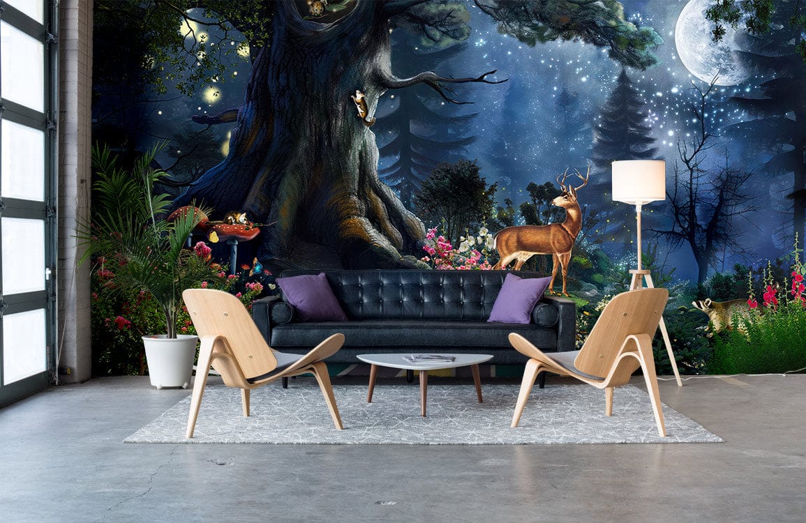 Enchanted Forest Dreamscape mural, dark modern sofa, wooden chairs, industrial concrete flooring, magical night scene.