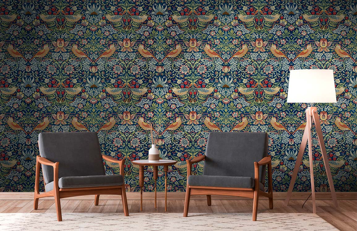 Floral Birds Victorian wallpaper in living room with grey chairs, wooden flooring, and a floor lamp.