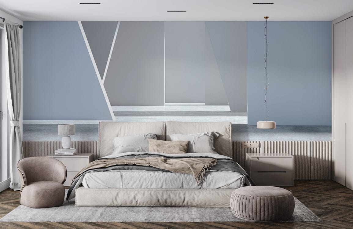 Modern grey geometric wallpaper in stylish bedroom with minimalist furniture, beige bed, and chevron flooring.