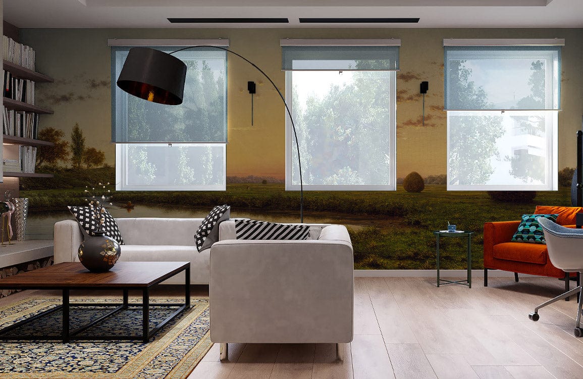 Modern living room with countryside mural wallpaper, white sofas, wooden flooring, and panoramic windows.