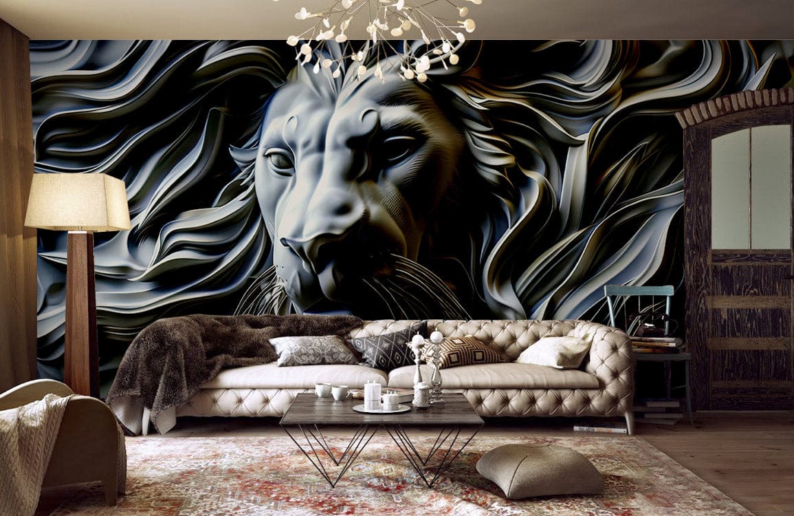 Majestic Grey Lion Mural Wallpaper in living room with tufted sofa, wooden flooring, and artistic chandelier.