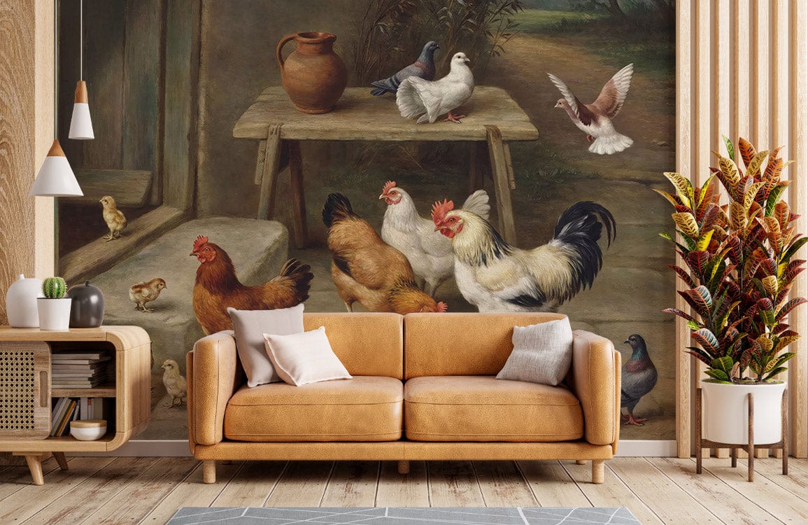 Rustic Farmyard Charm animal mural wallpaper in living room, leather sofa, wood flooring, earthy tones.