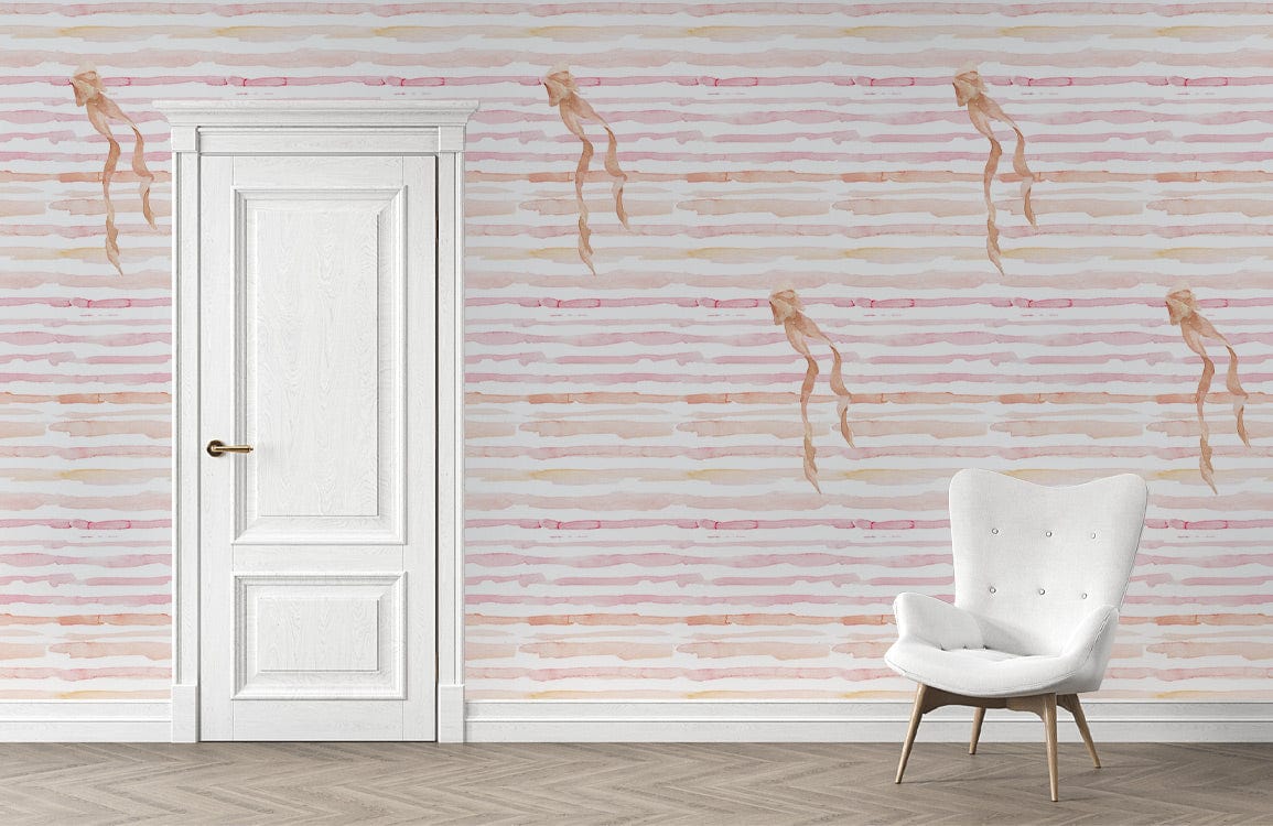 Tropical Monkey wallpaper, soft pastel sunset tones, white door, elegant chair, wooden flooring, serene setting.